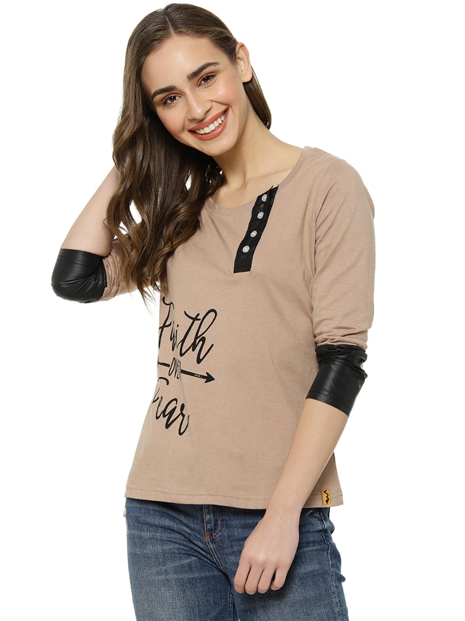 brown printed round neck casual t-shirt