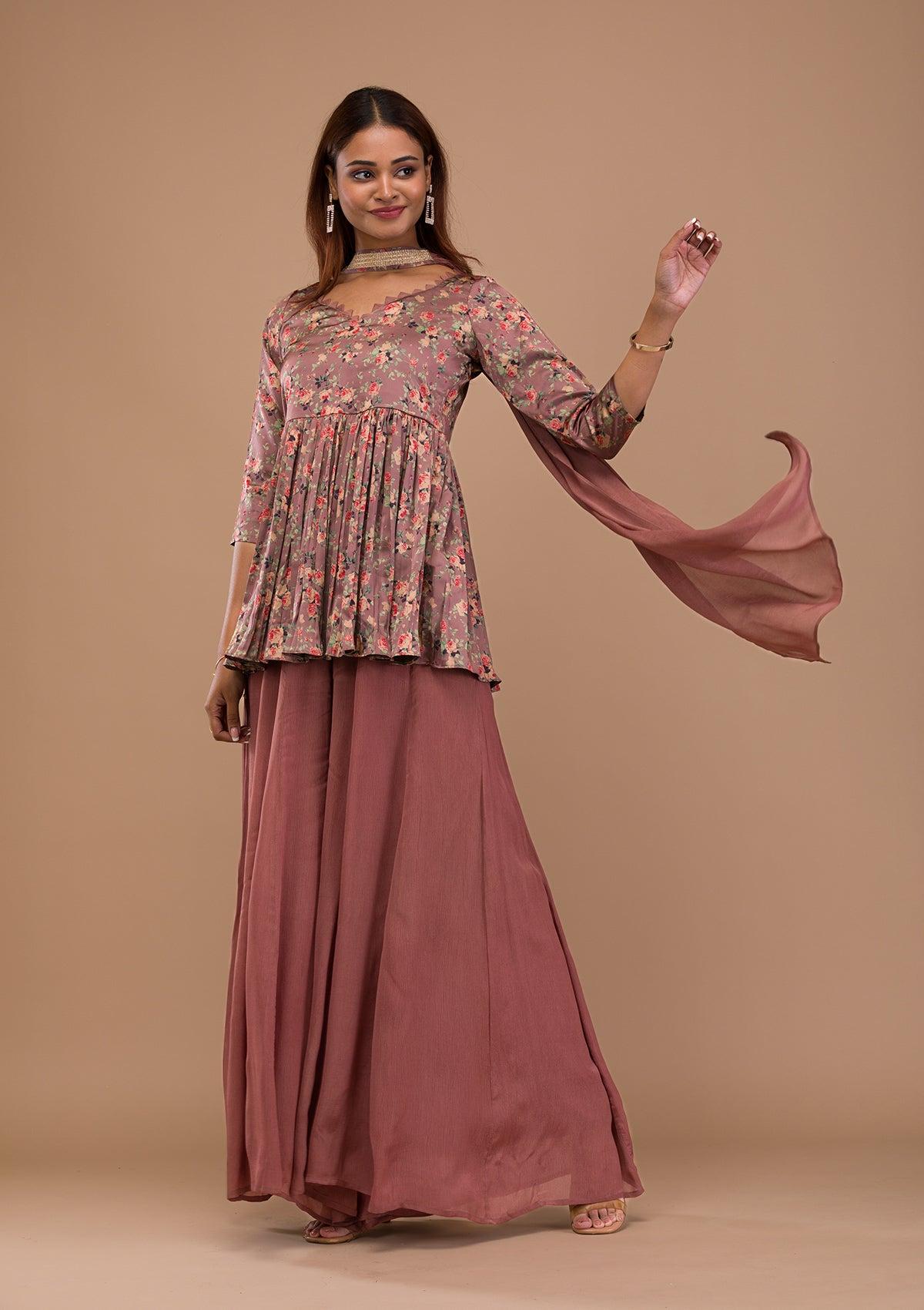 brown printed satin readymade sharara suit