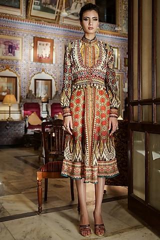 brown printed shirt dress with embroidered waistcoat