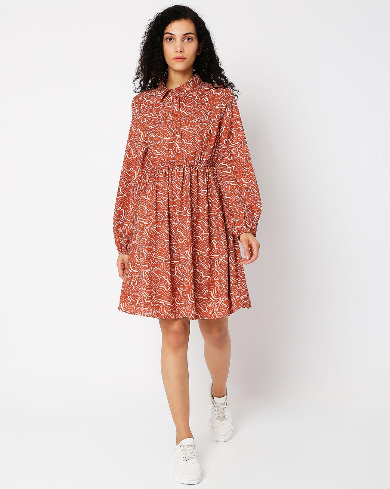 brown printed shirt dress