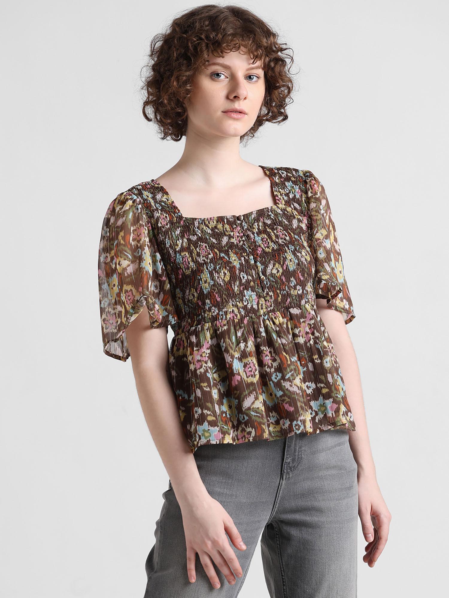 brown printed smocked top