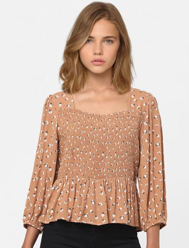 brown printed smocked top