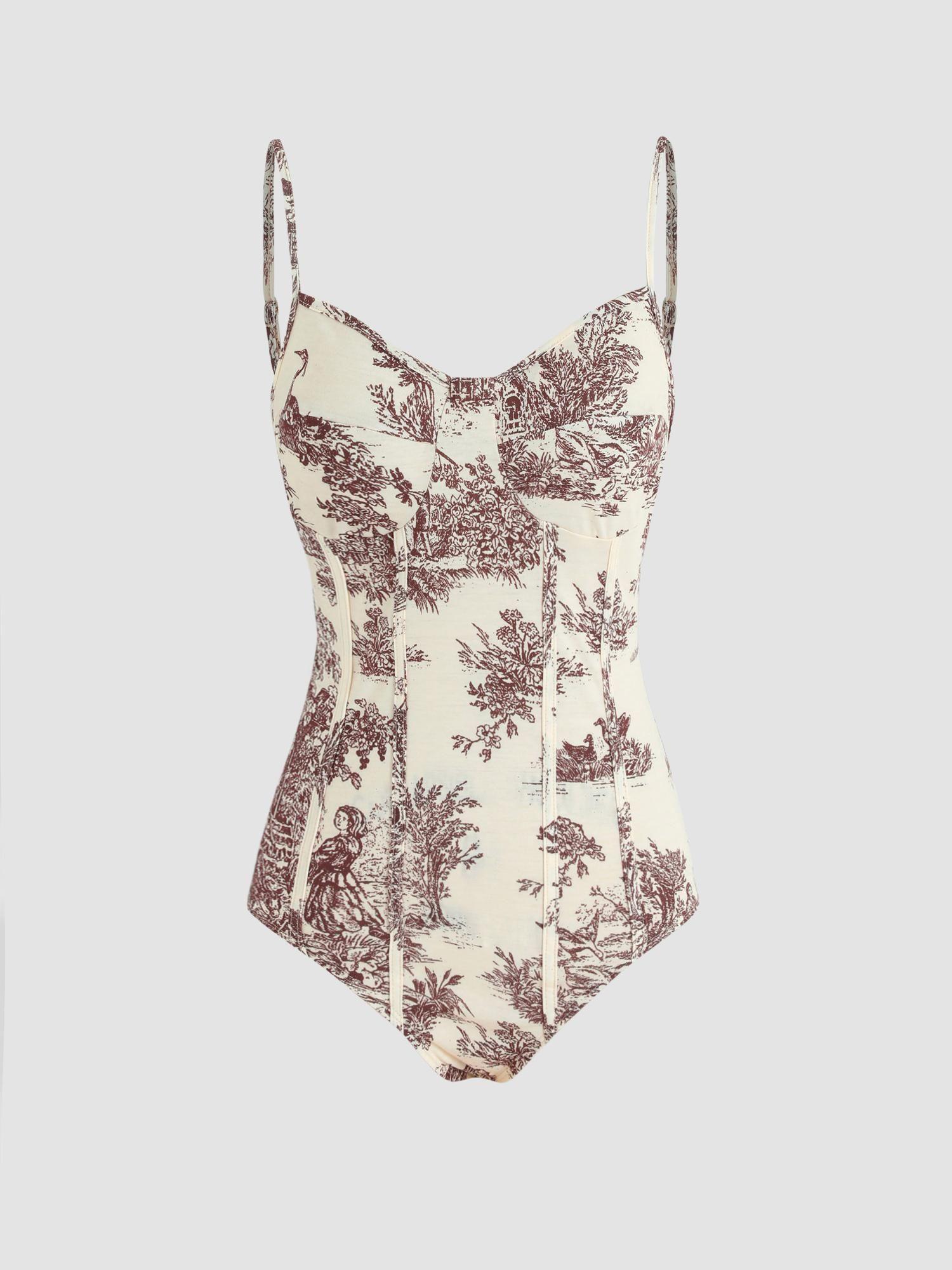 brown printed toile de jouy bodysuit