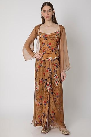 brown printed top with draped skirt & cape