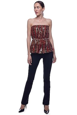 brown printed tube blouse