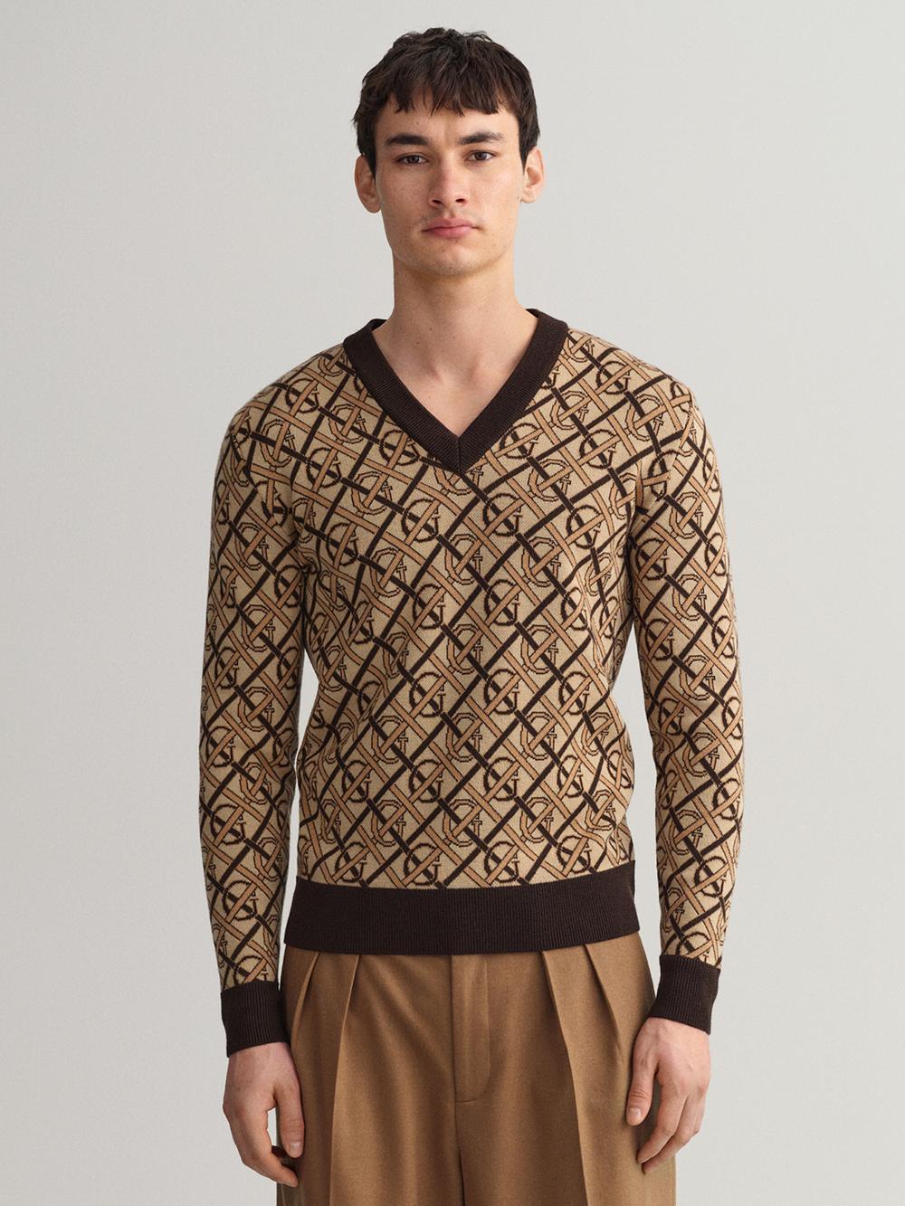 brown printed v neck sweater