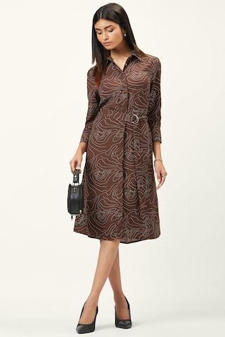 brown printeded regular collar formal calf-length full sleeves women comfort fit dress