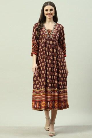 brown printeded v neck casual calf-length 3/4th sleeves women flared fit dress