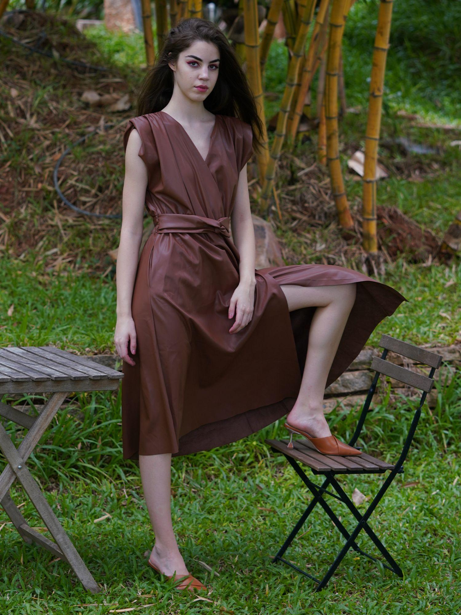 brown pu solid overlap dress