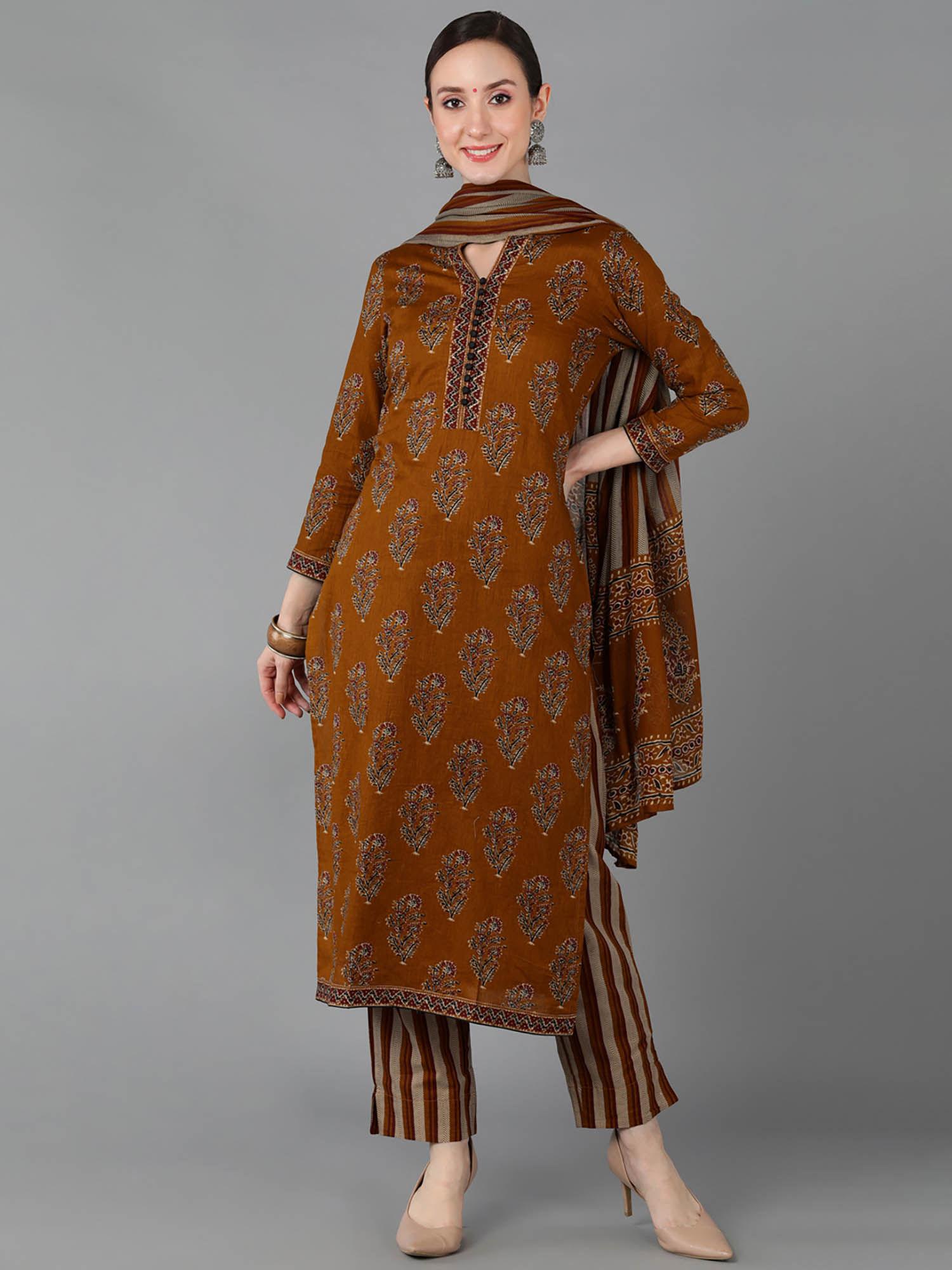 brown pure cotton ethnic motifs printed straight kurta pants with dupatta (set of 3)