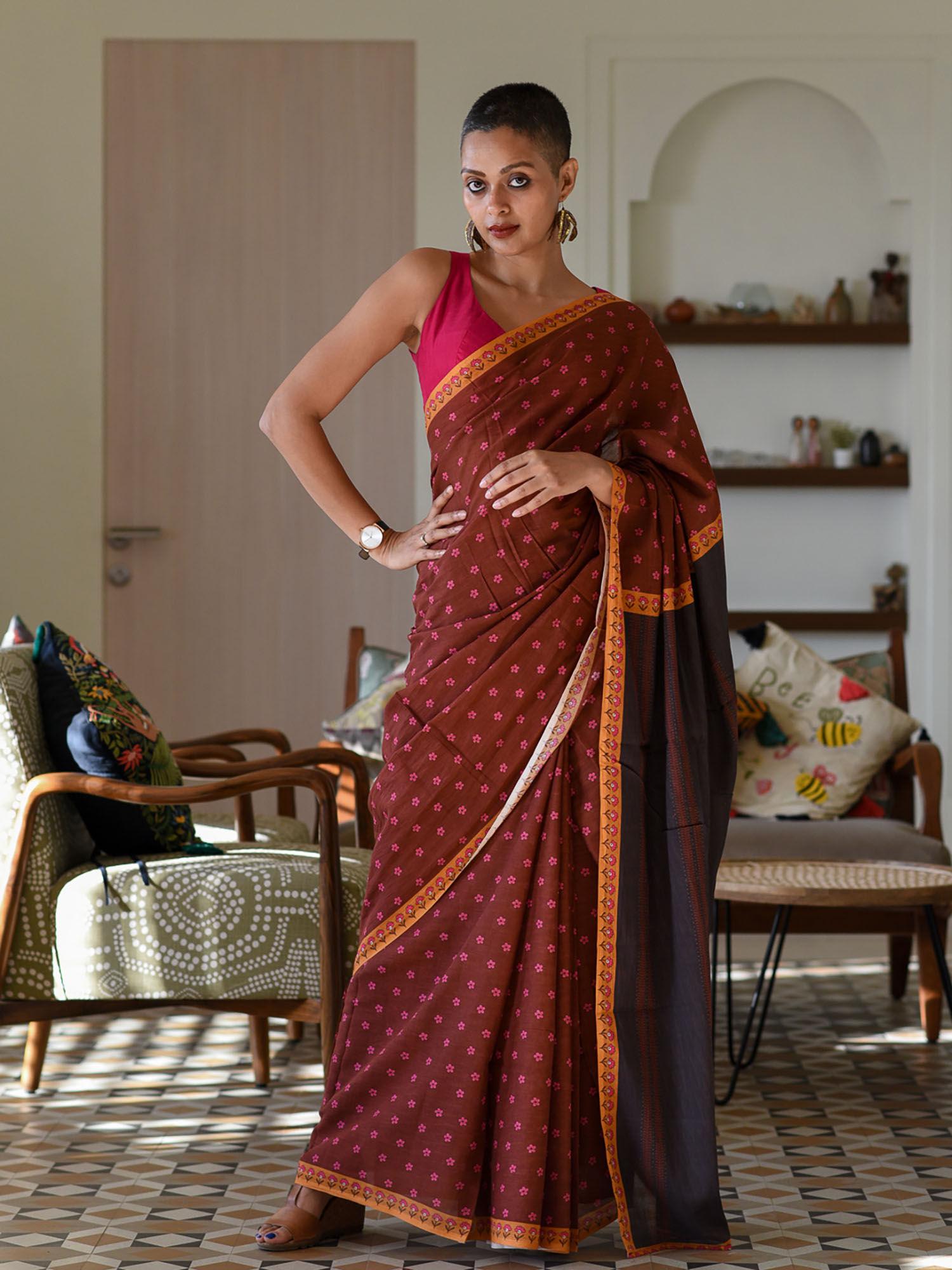 brown pure cotton floral printed saree