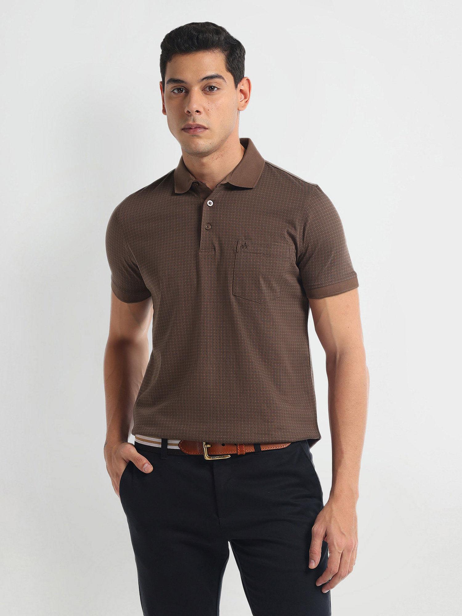 brown pure cotton geometric polo t-shirt
