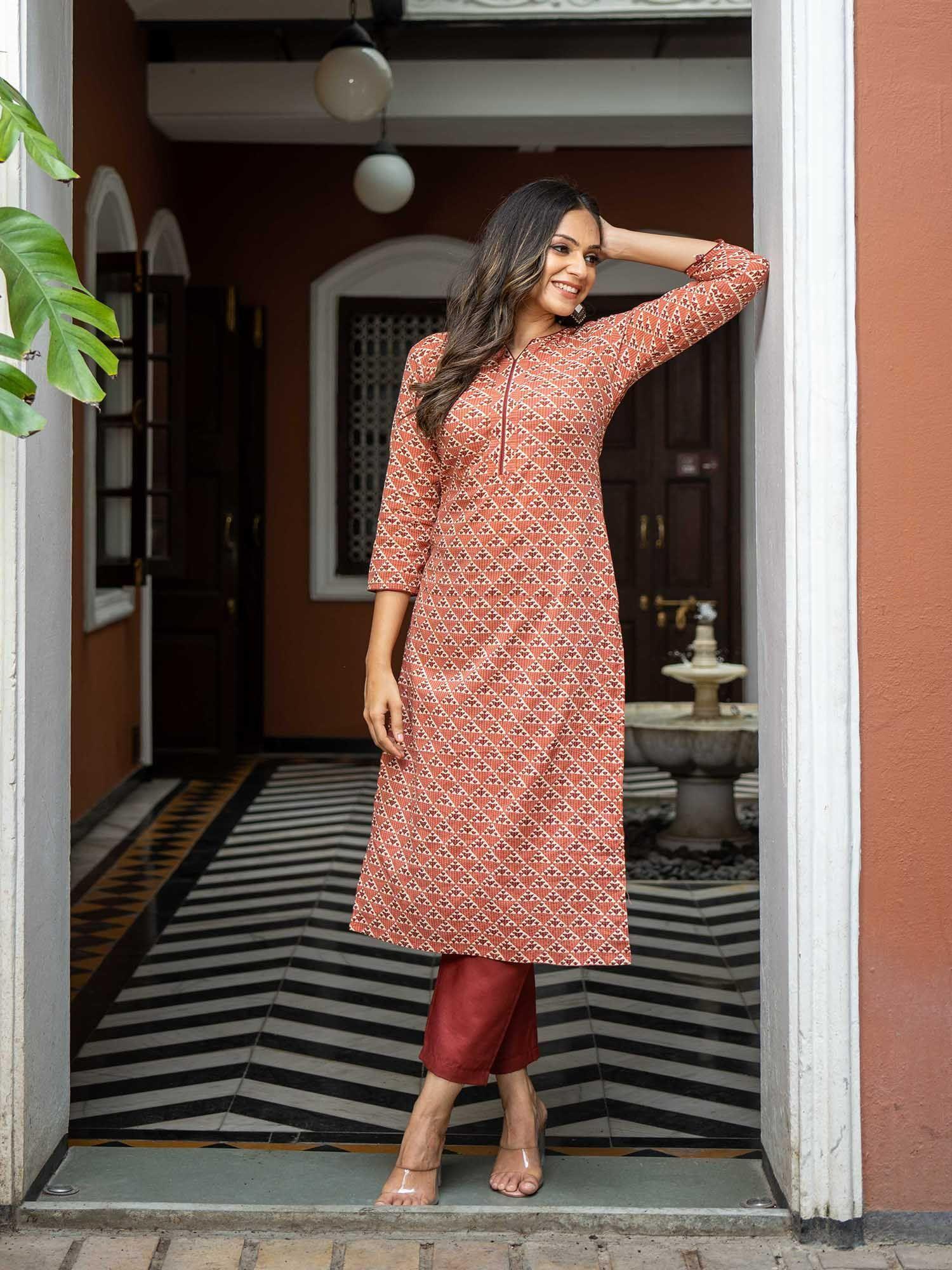 brown pure cotton printed kurta