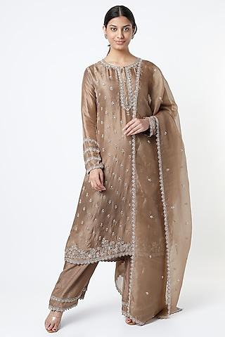 brown pure silk embroidered kurta set