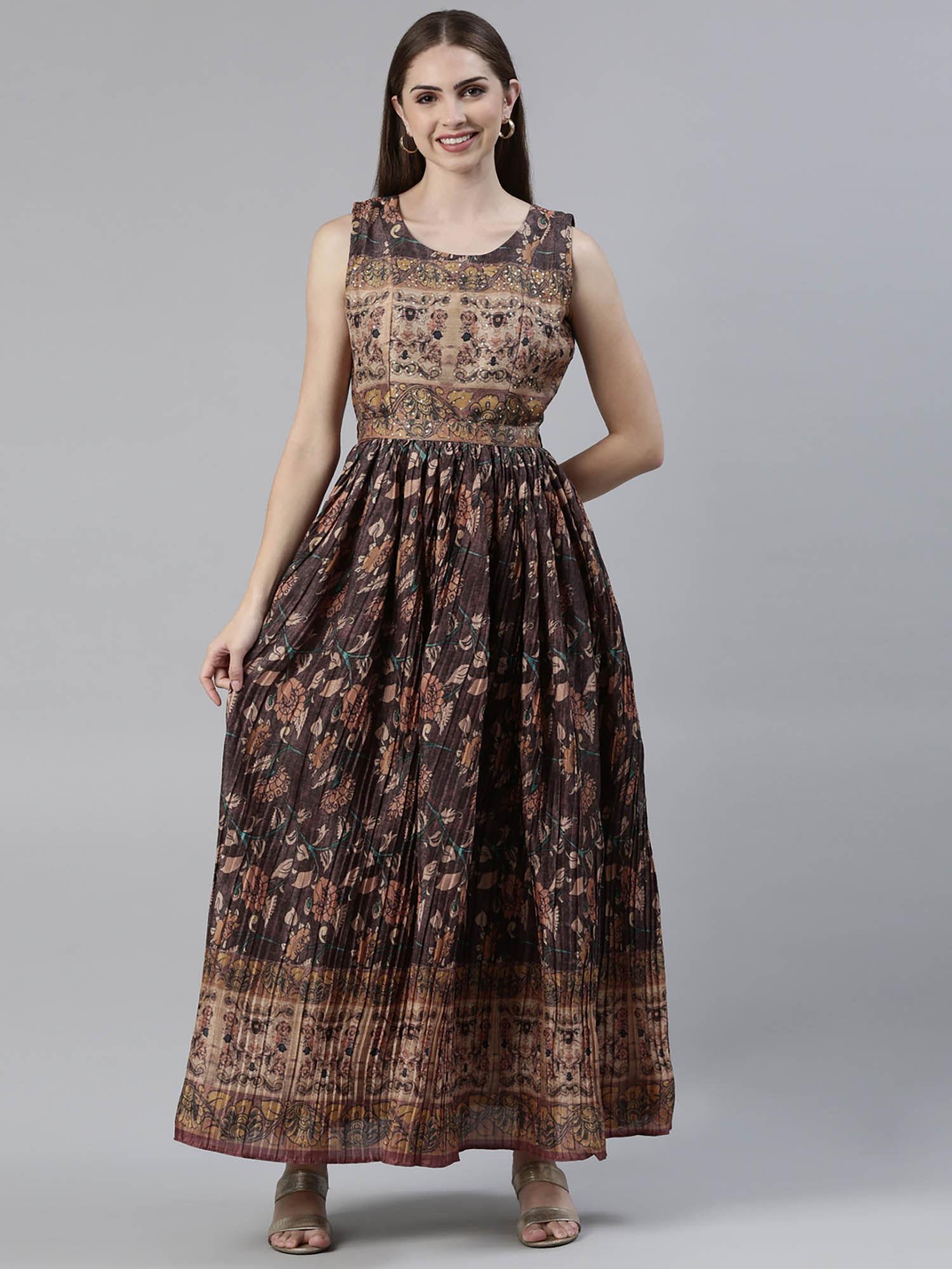 brown raw silk round neck dress