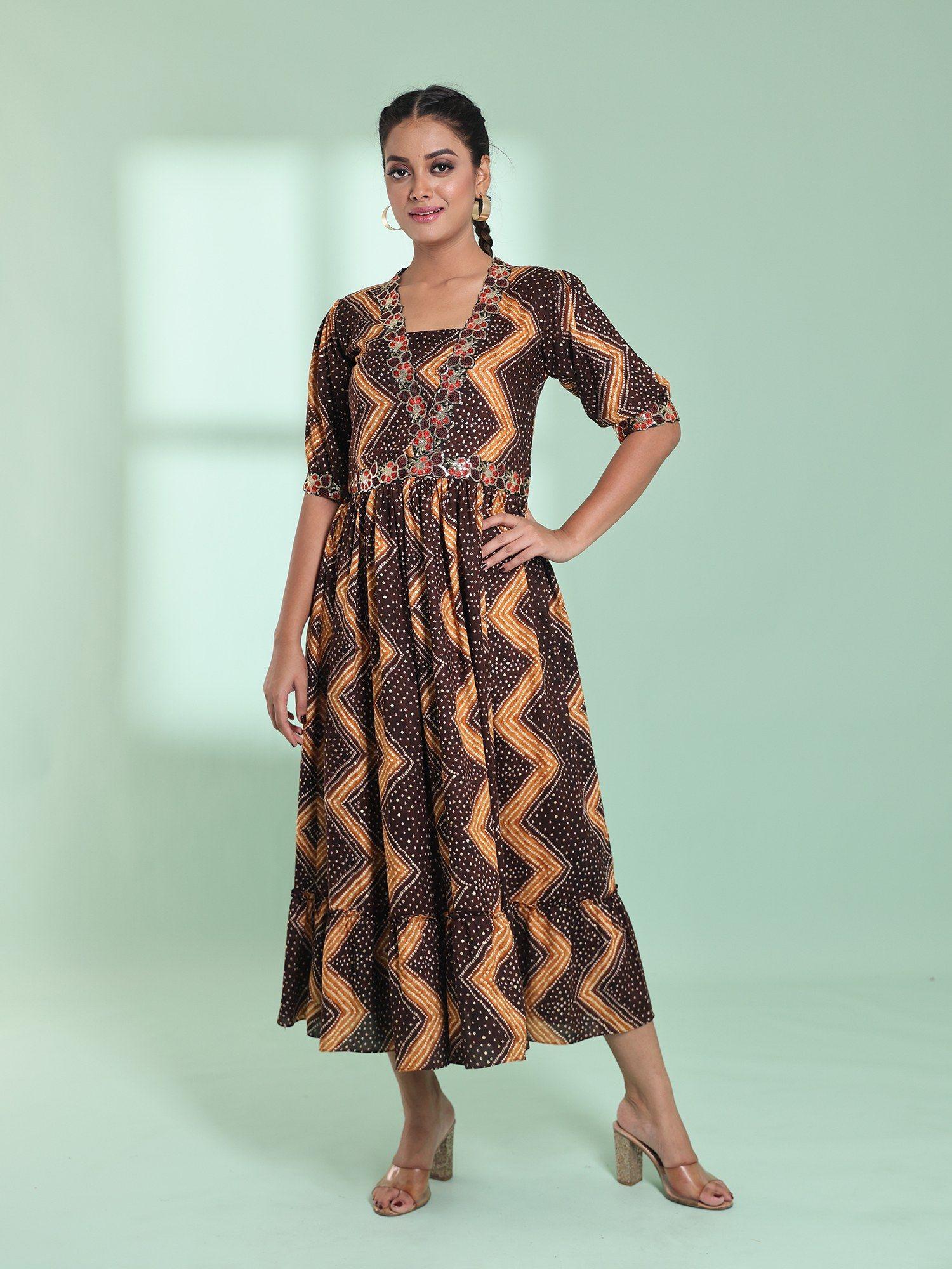 brown rayon bandhani printed stitched ethnic dress