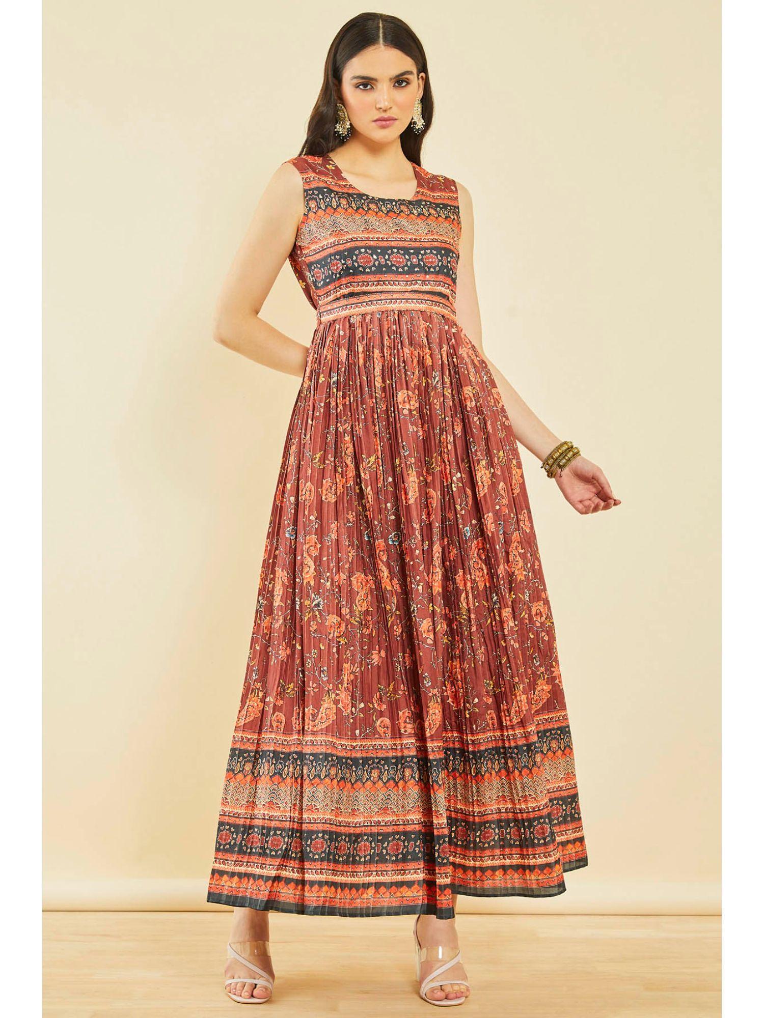 brown rayon botanical print dress with sequins