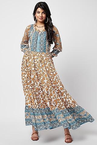 brown rayon printed maxi dress