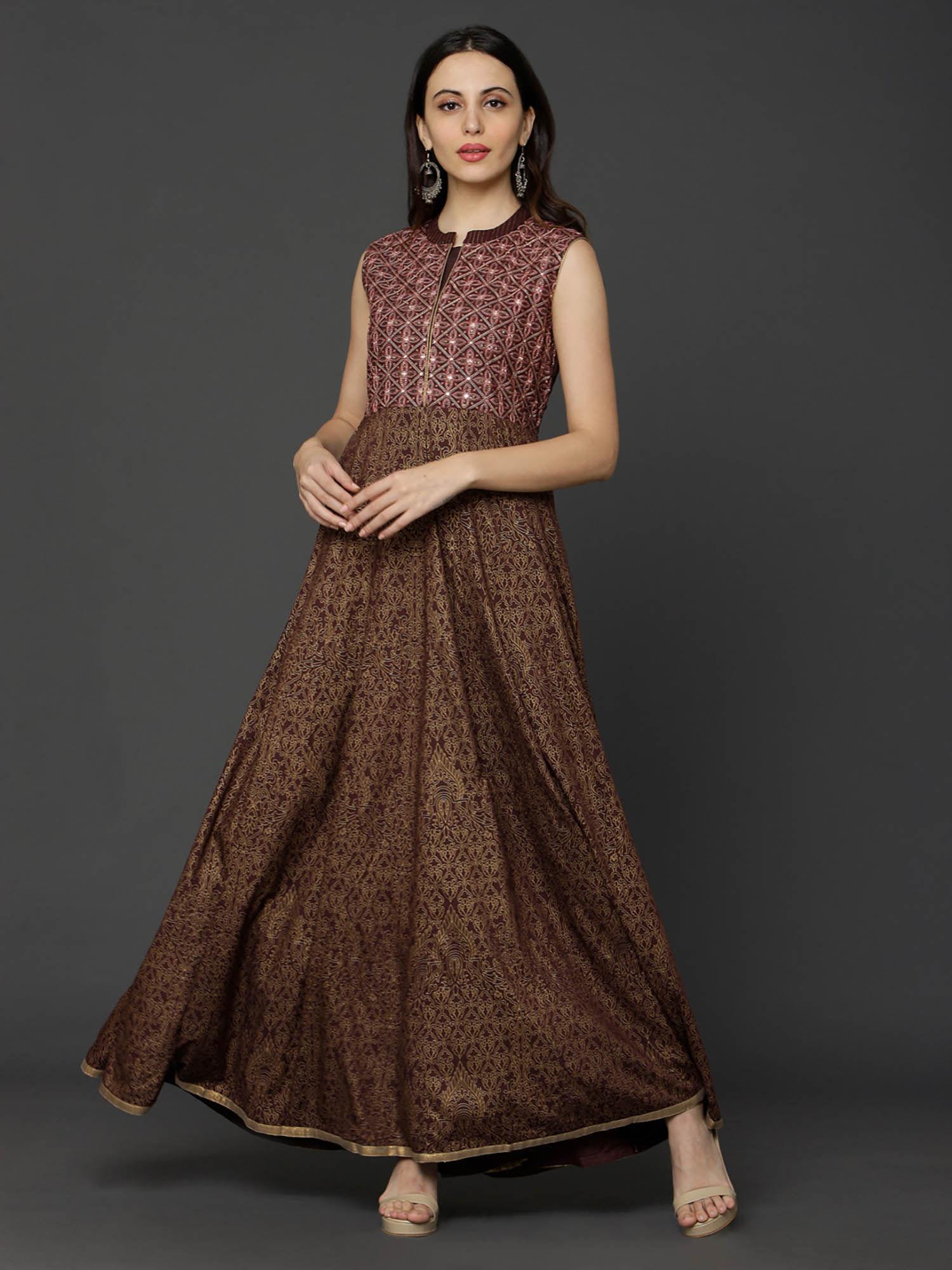 brown rayon slub print & embroidered kurta