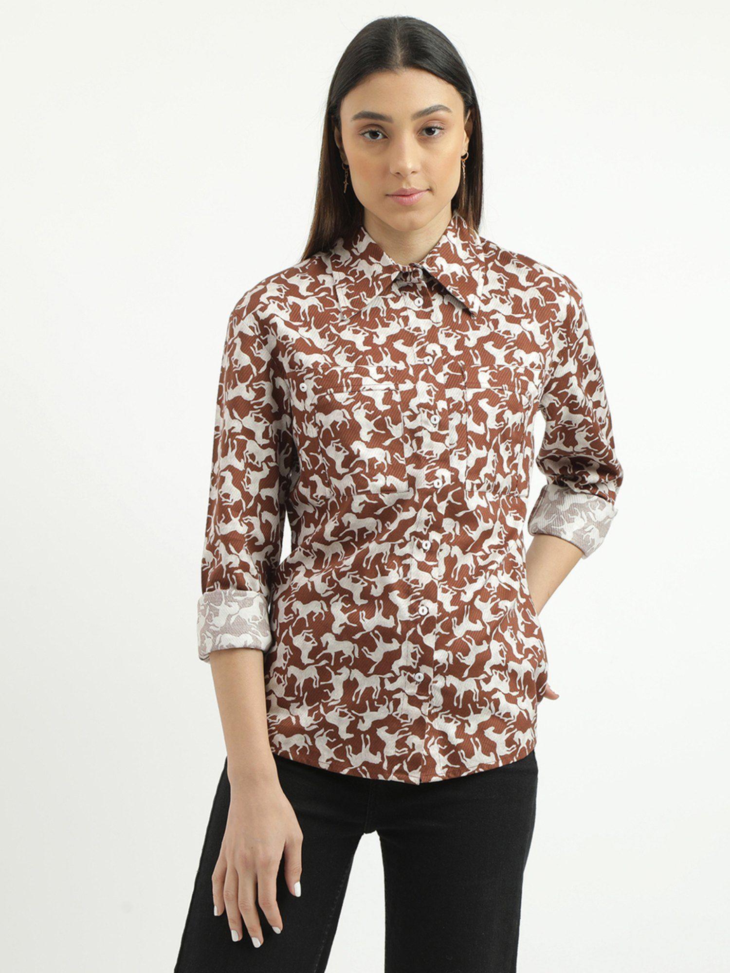 brown regular fit spread collar printed shirt