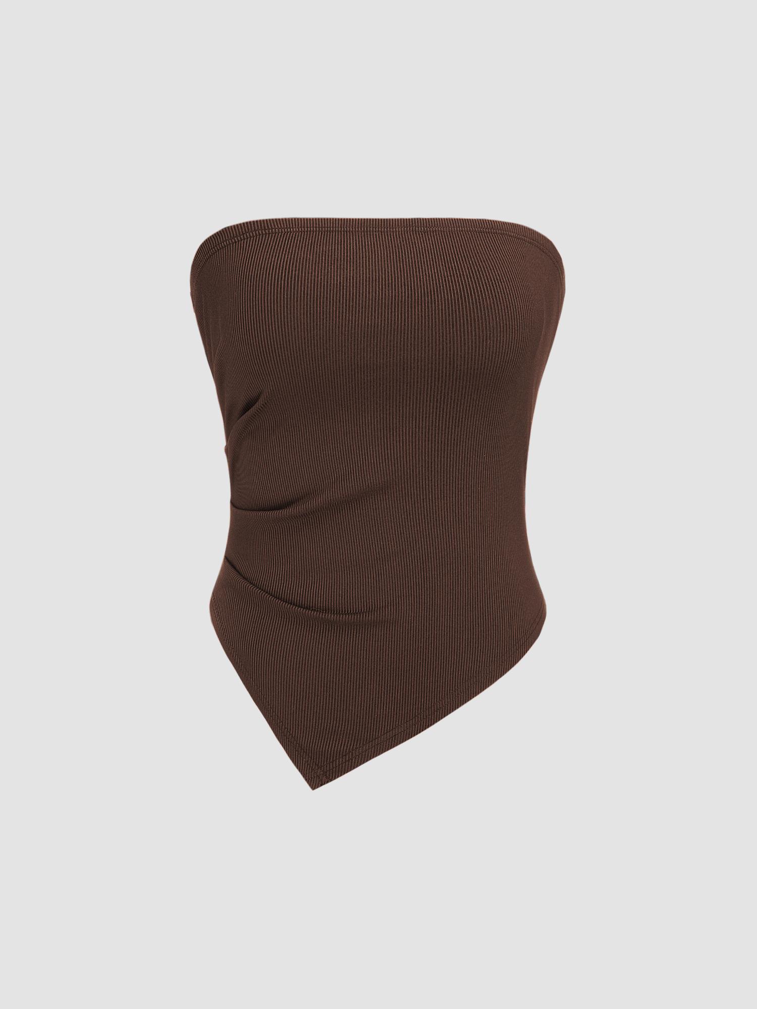 brown rib strapless solid tube crop top