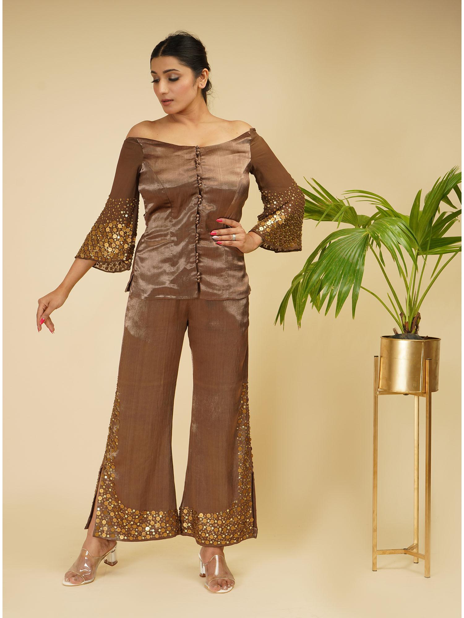 brown rose hand embroidered co-ord (set of 2)