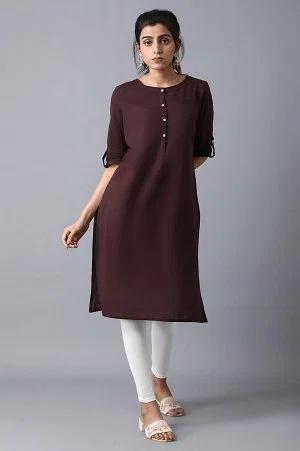 brown round neck solid kurta