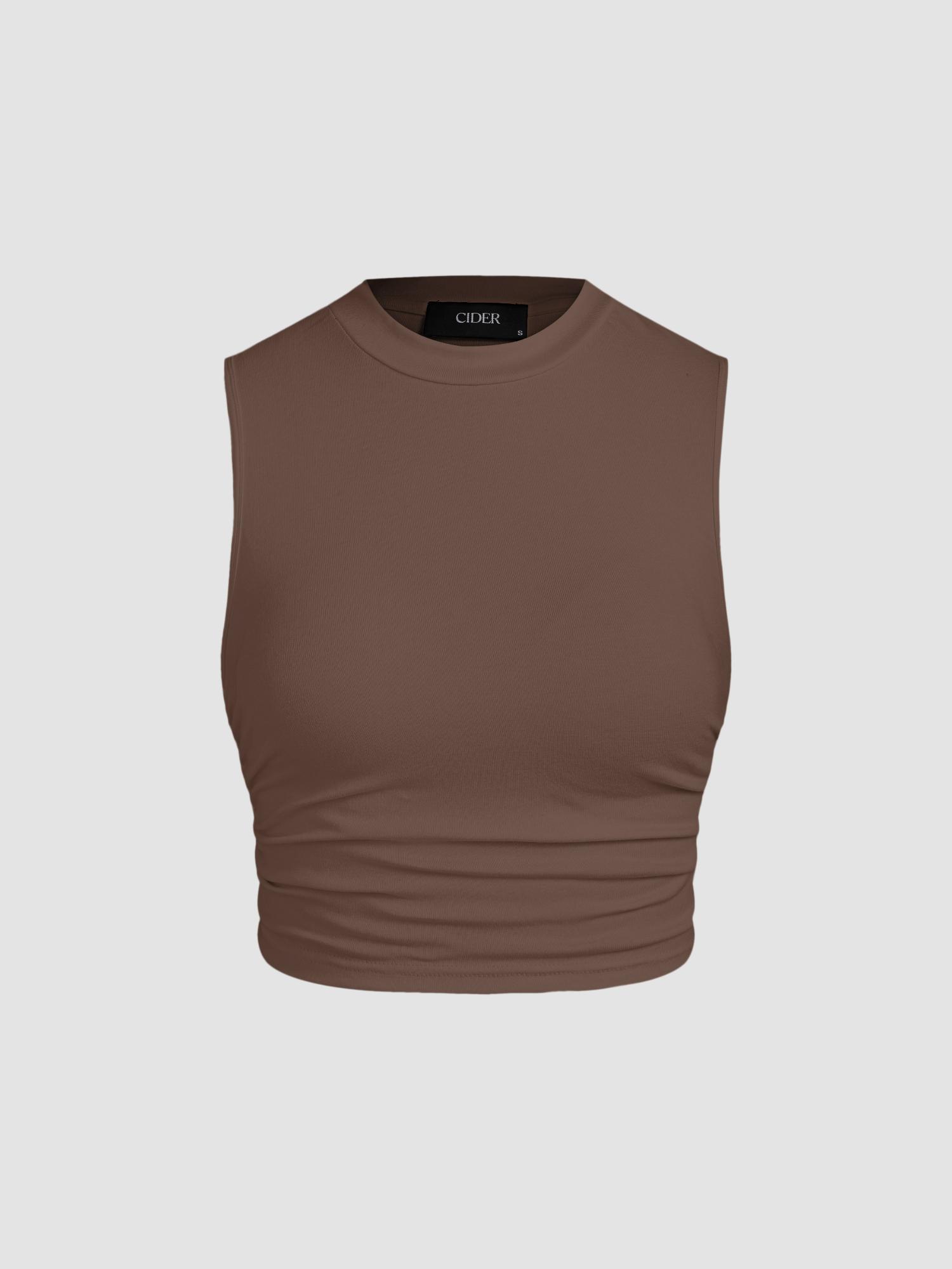 brown round neckline solid sleeveless ruched crop top