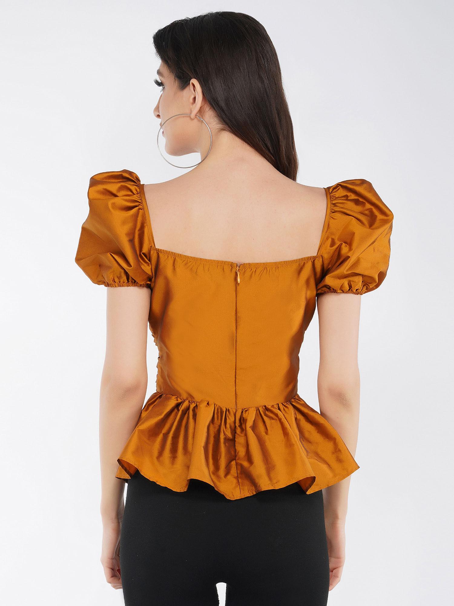 brown ruched puff sleeves top