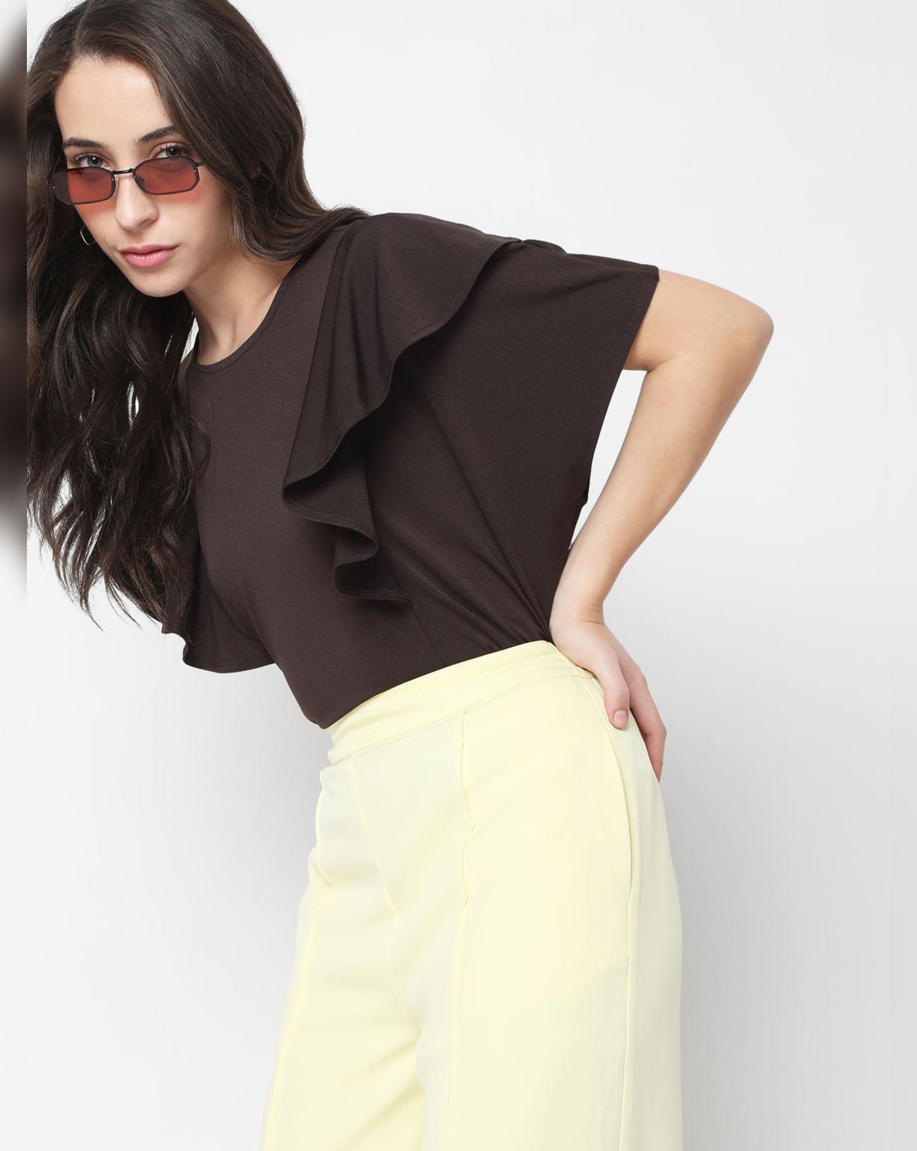 brown ruffle sleeves plain top