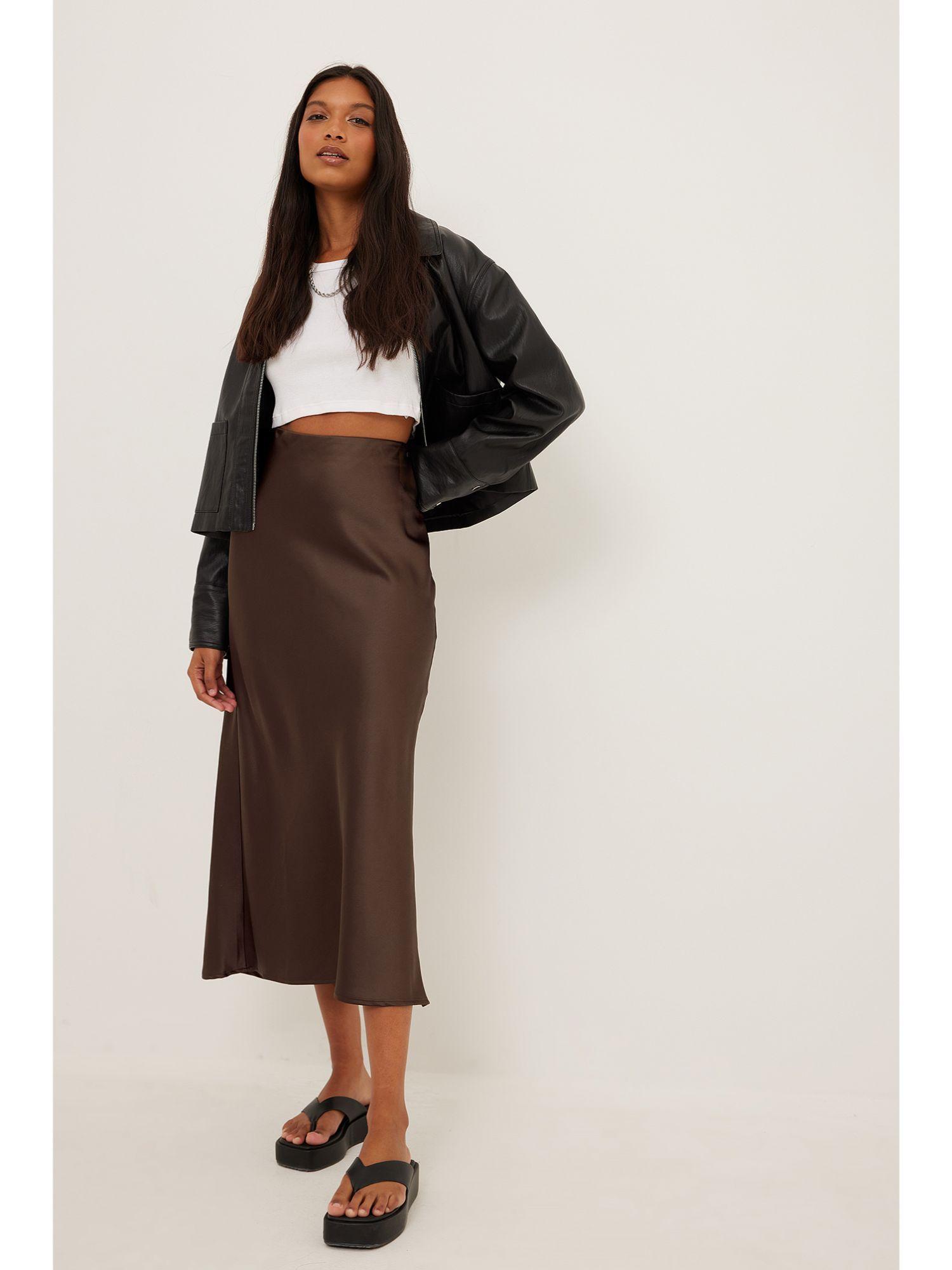 brown satin midi skirt