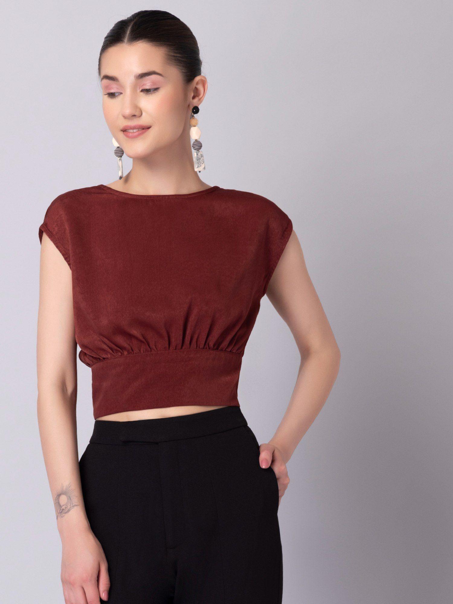 brown satin open back crop top