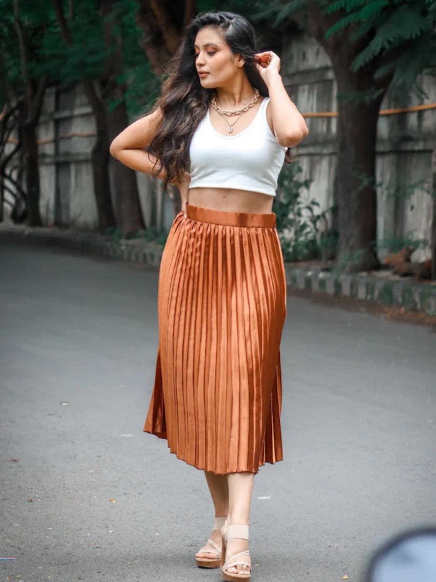 brown satin pleated skirt