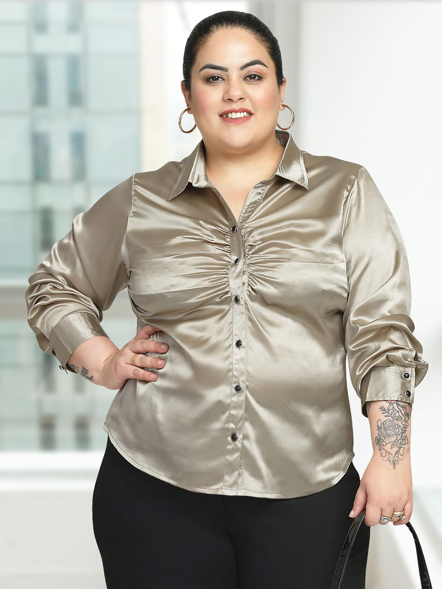 brown satin plus size curve ruched shirt