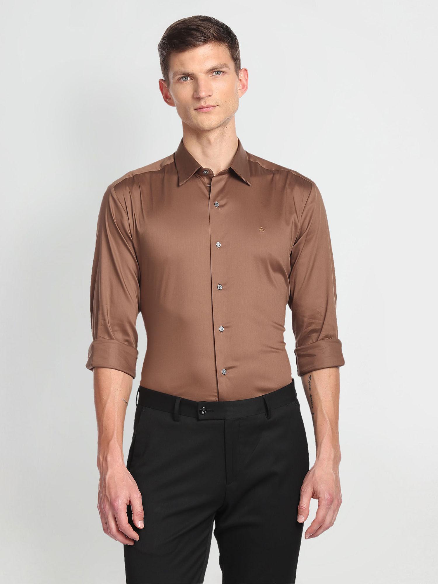 brown satin solid formal shirt