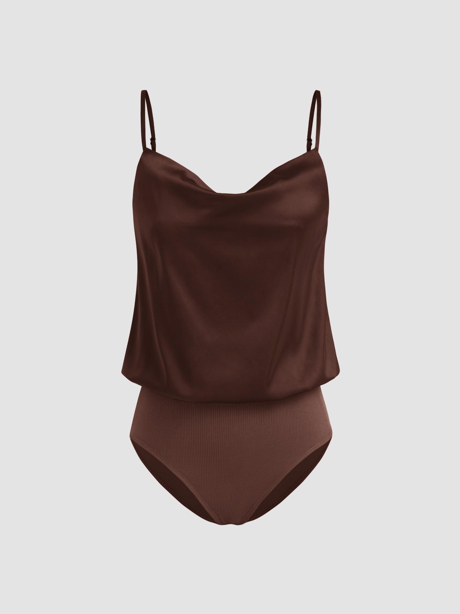 brown satin v neck cami bodysuit