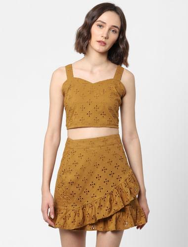 brown schiffli embroidered co-ord crop top