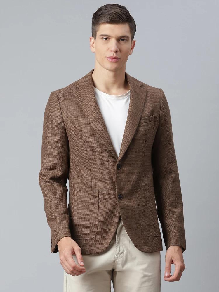 brown self-design collar blazer