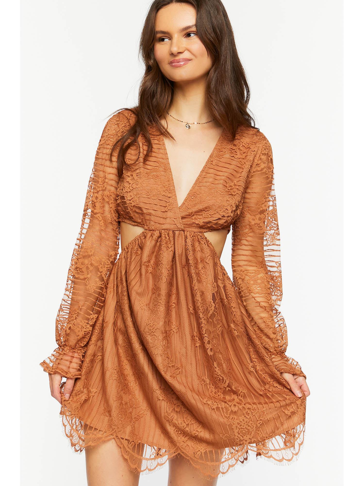 brown self design mini dress