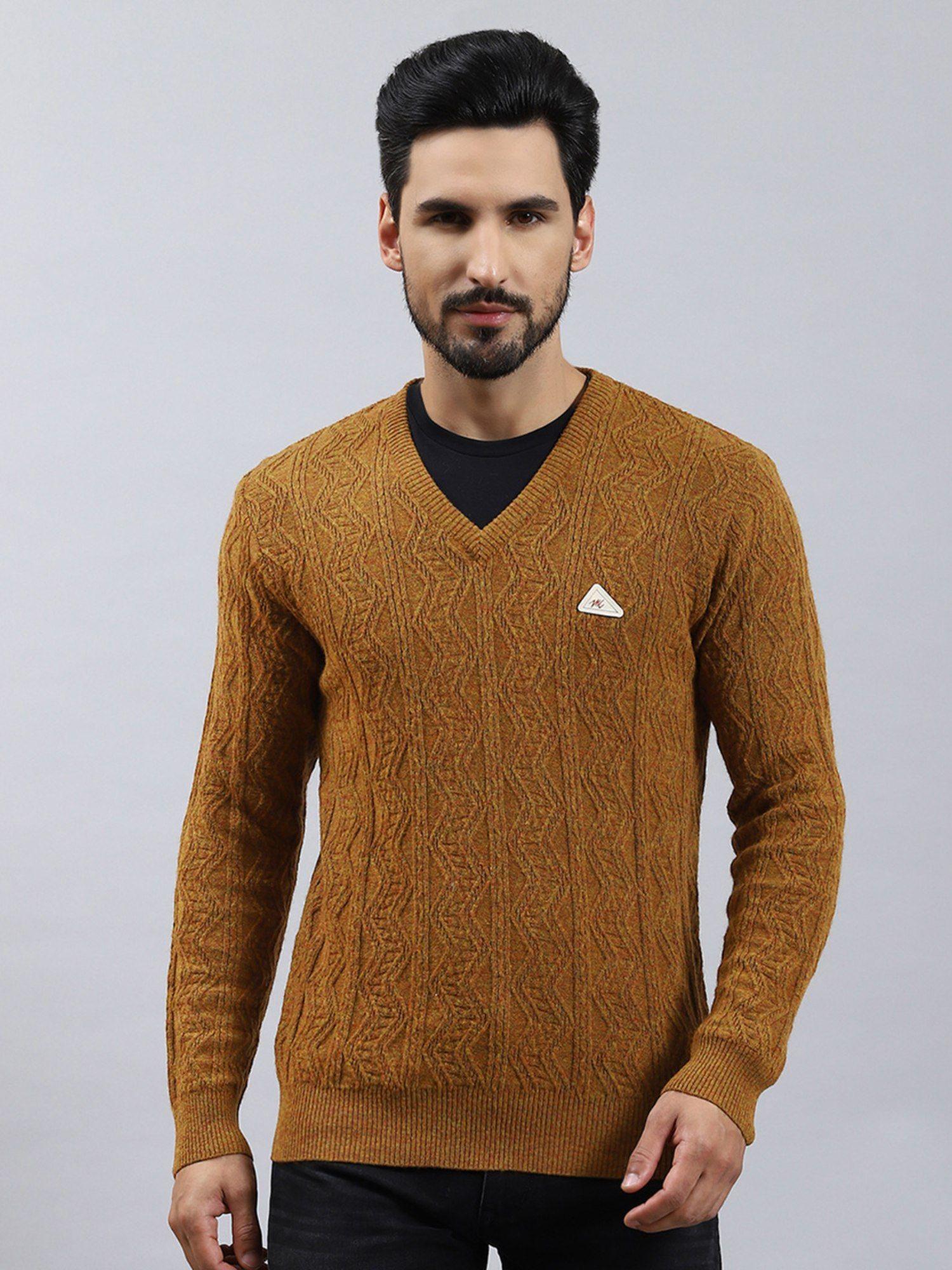 brown self design v neck pullover sweater