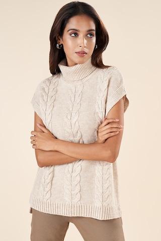 brown self design winterwear sleeveless high neck women regular fit  sweater