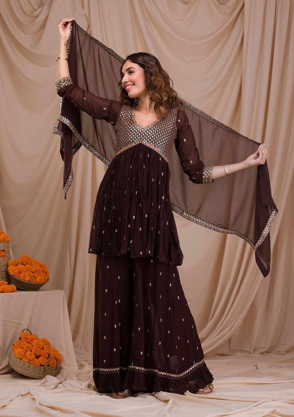 brown sequins georgette readymade sharara suit