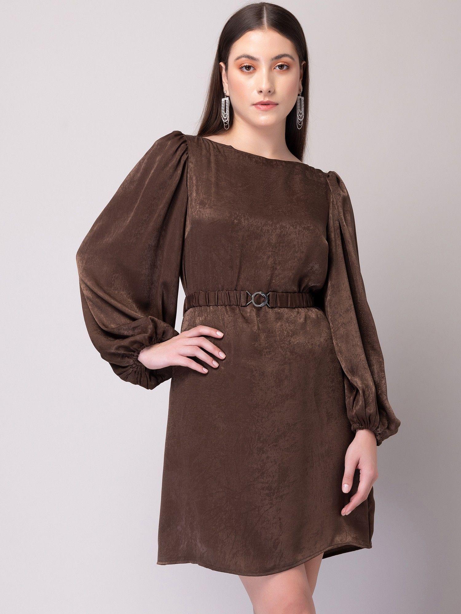 brown shift dress with buckled belt (set of 2)