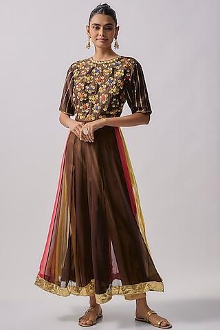 brown silk & polyester embroidered anarkali set