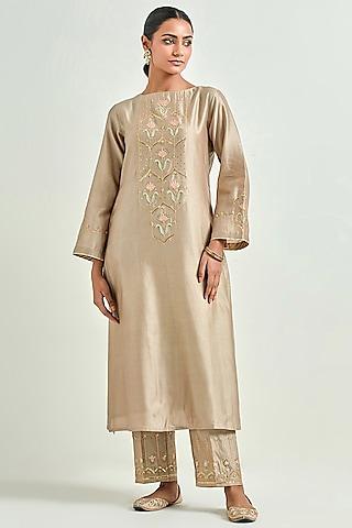 brown silk chanderi embroidered kurta set