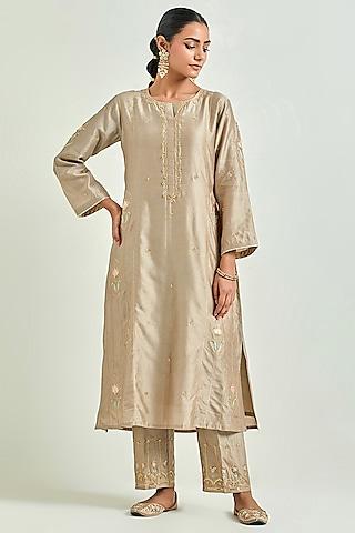 brown silk chanderi embroidered kurta set