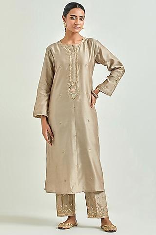 brown silk chanderi embroidered kurta set