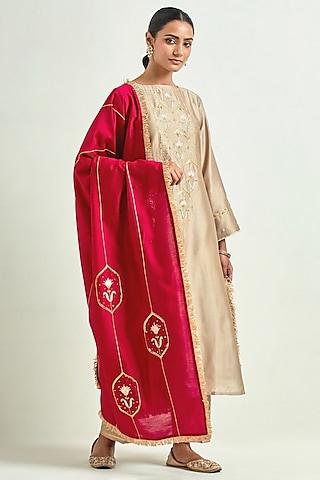 brown silk chanderi embroidered kurta set