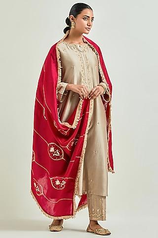 brown silk chanderi embroidered kurta set