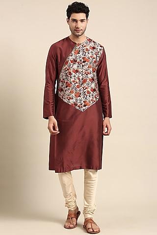 brown silk cotton chanderi printed asymmetric kurta set